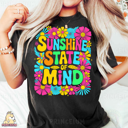 a woman wearing a black shirt that says sunshine state of mind