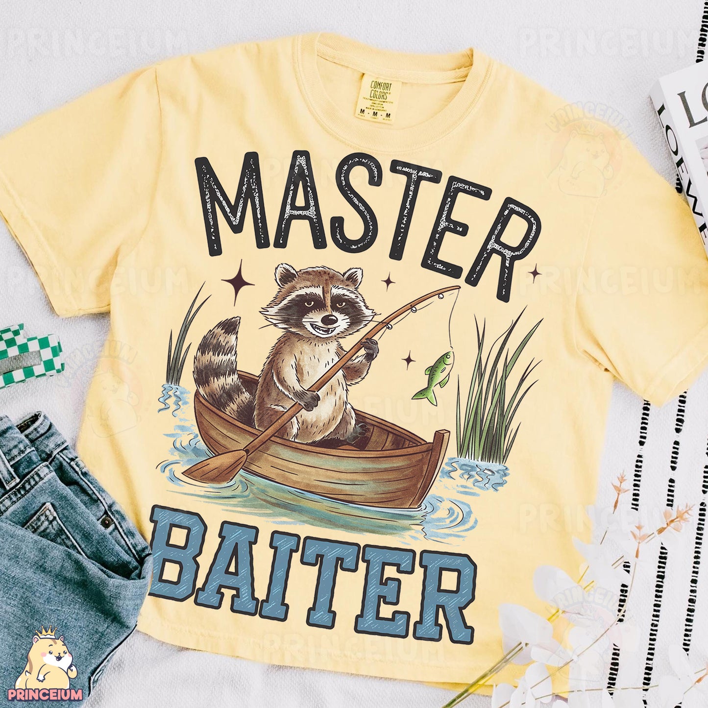 a shirt with a raccoon fishing on it