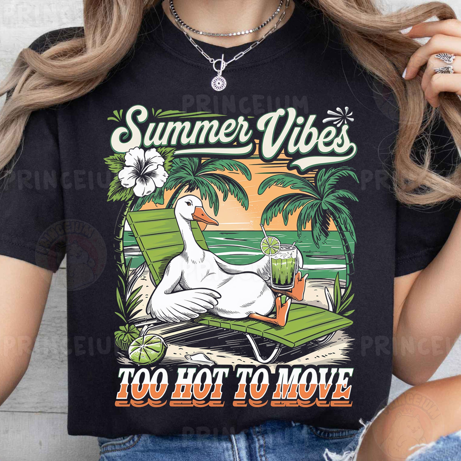 a woman wearing a black shirt that says summer vibes too hot to move
