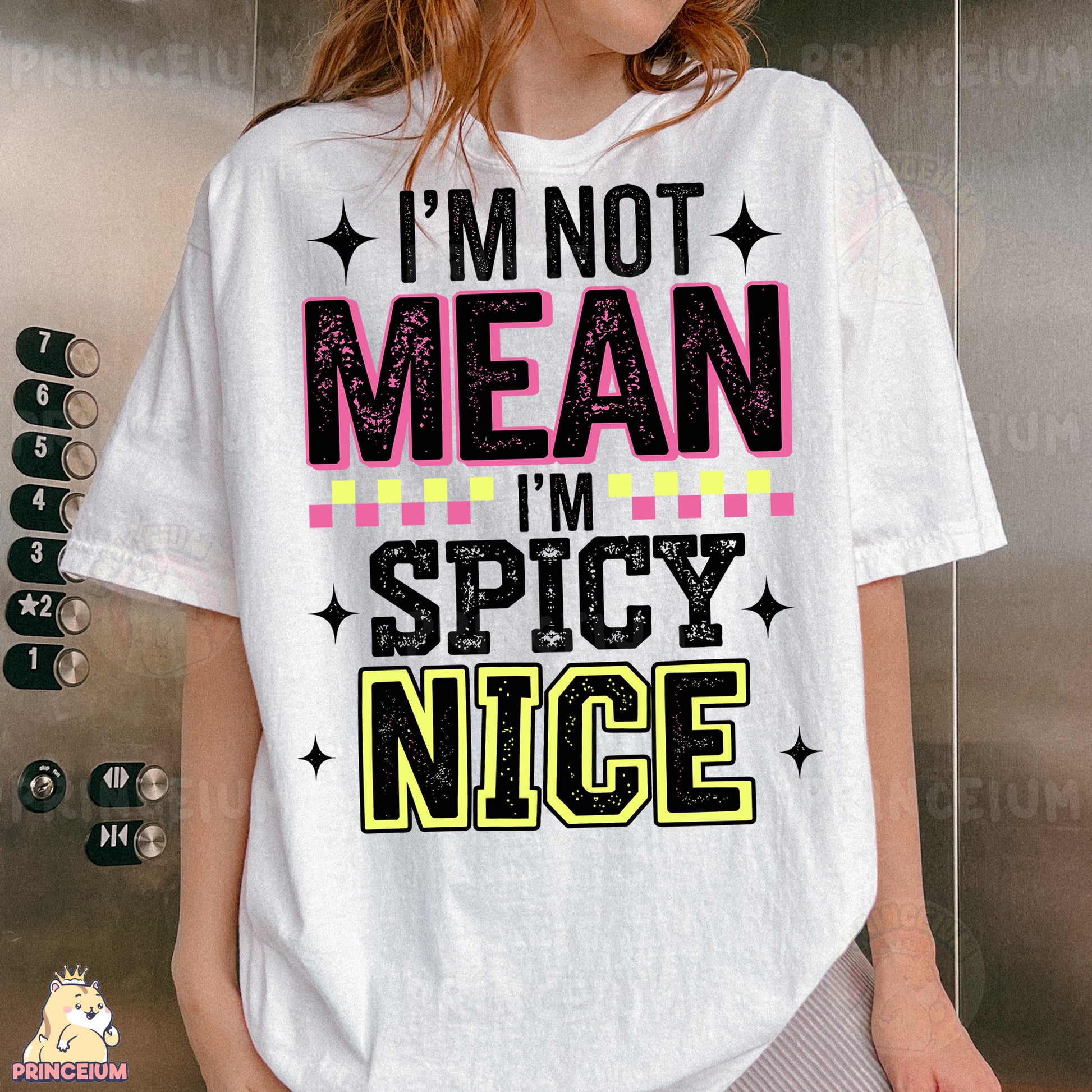 a woman wearing a t - shirt that says i'm not mean i '
