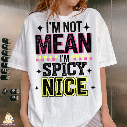 a woman wearing a t - shirt that says i'm not mean i '