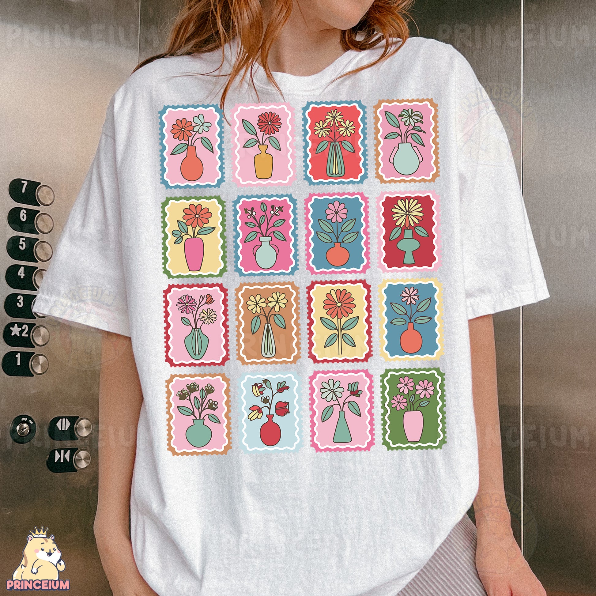 a woman wearing a white t - shirt with a bunch of flowers on it