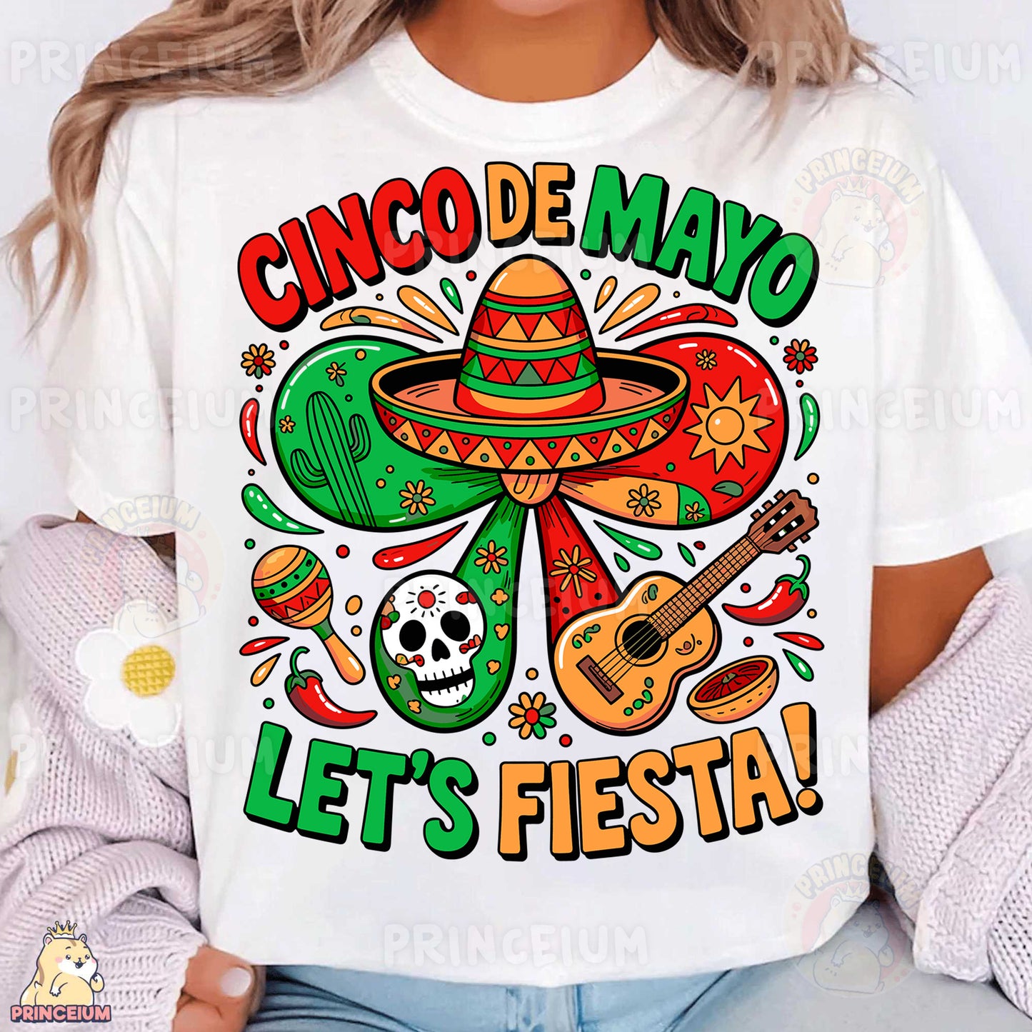 a woman wearing a white shirt with a mexican design