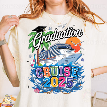 a woman wearing a graduation t - shirt with a cruise ship on it