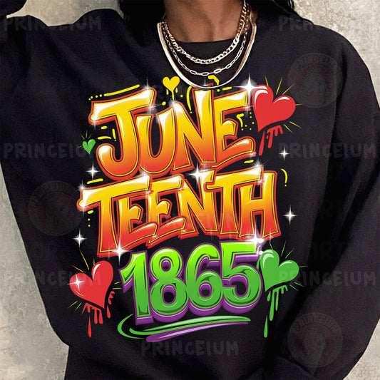 a woman wearing a black sweatshirt with the word june tenth printed on it