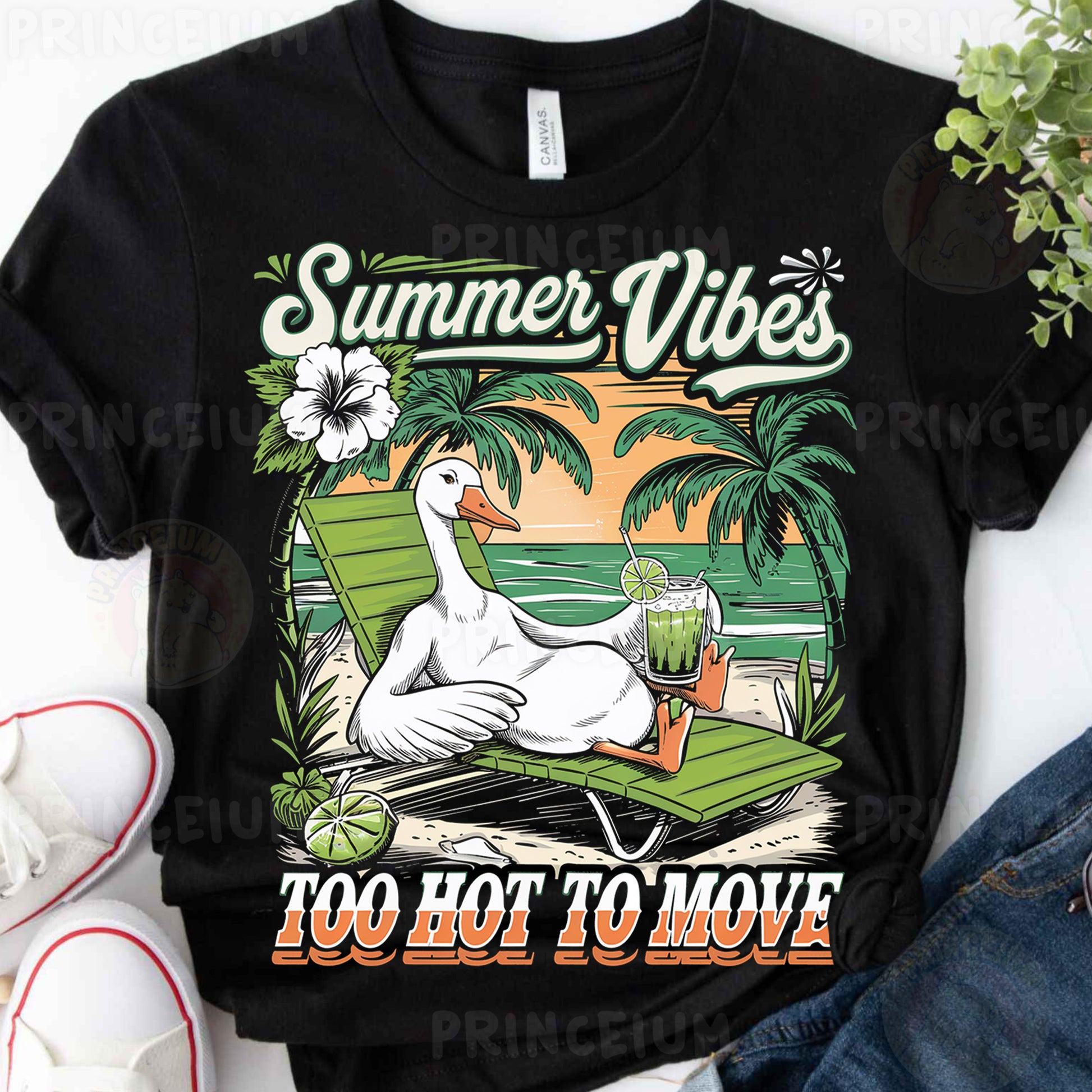 a t - shirt with a goose sitting on a lawn chair