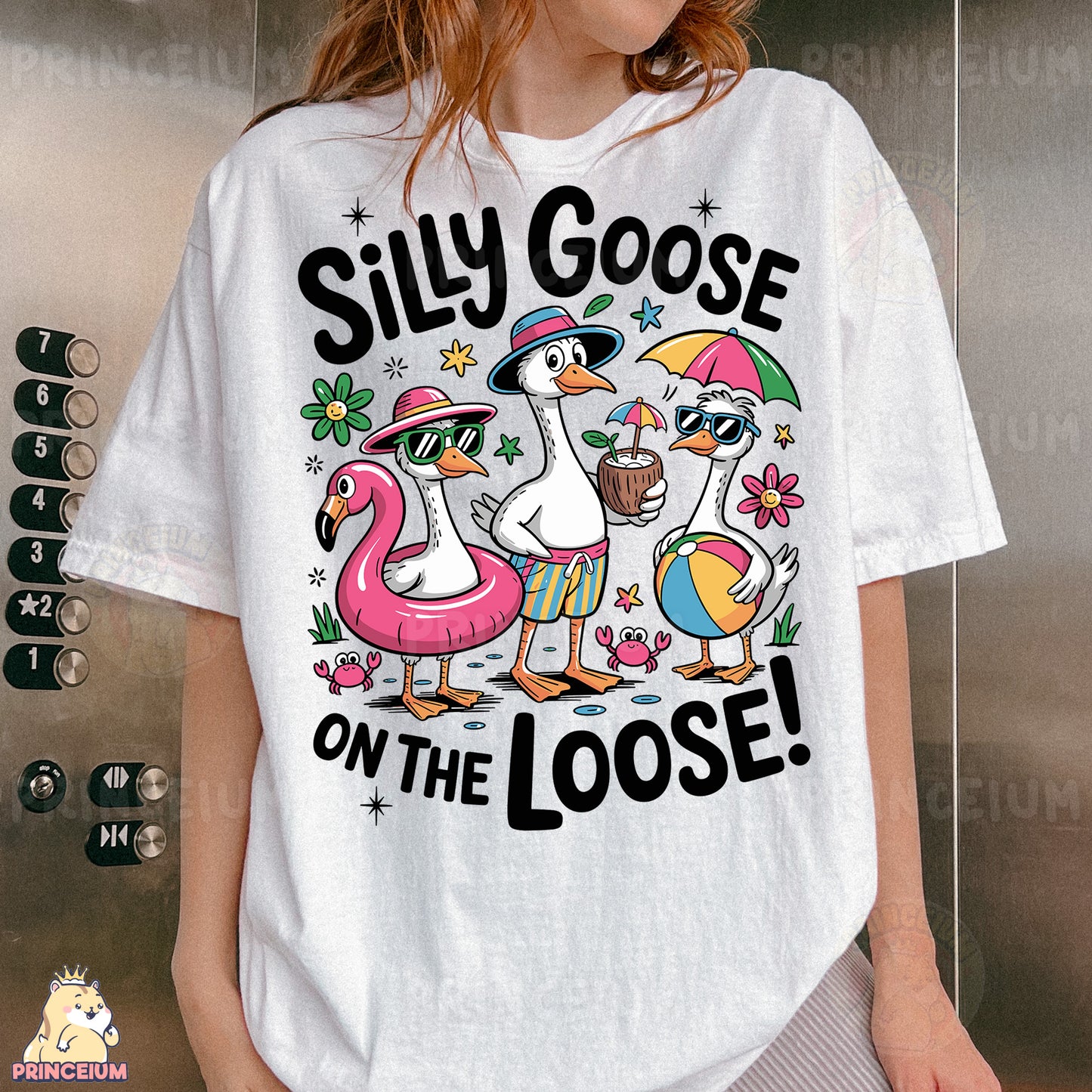 a woman wearing a silly goose on the loose t - shirt