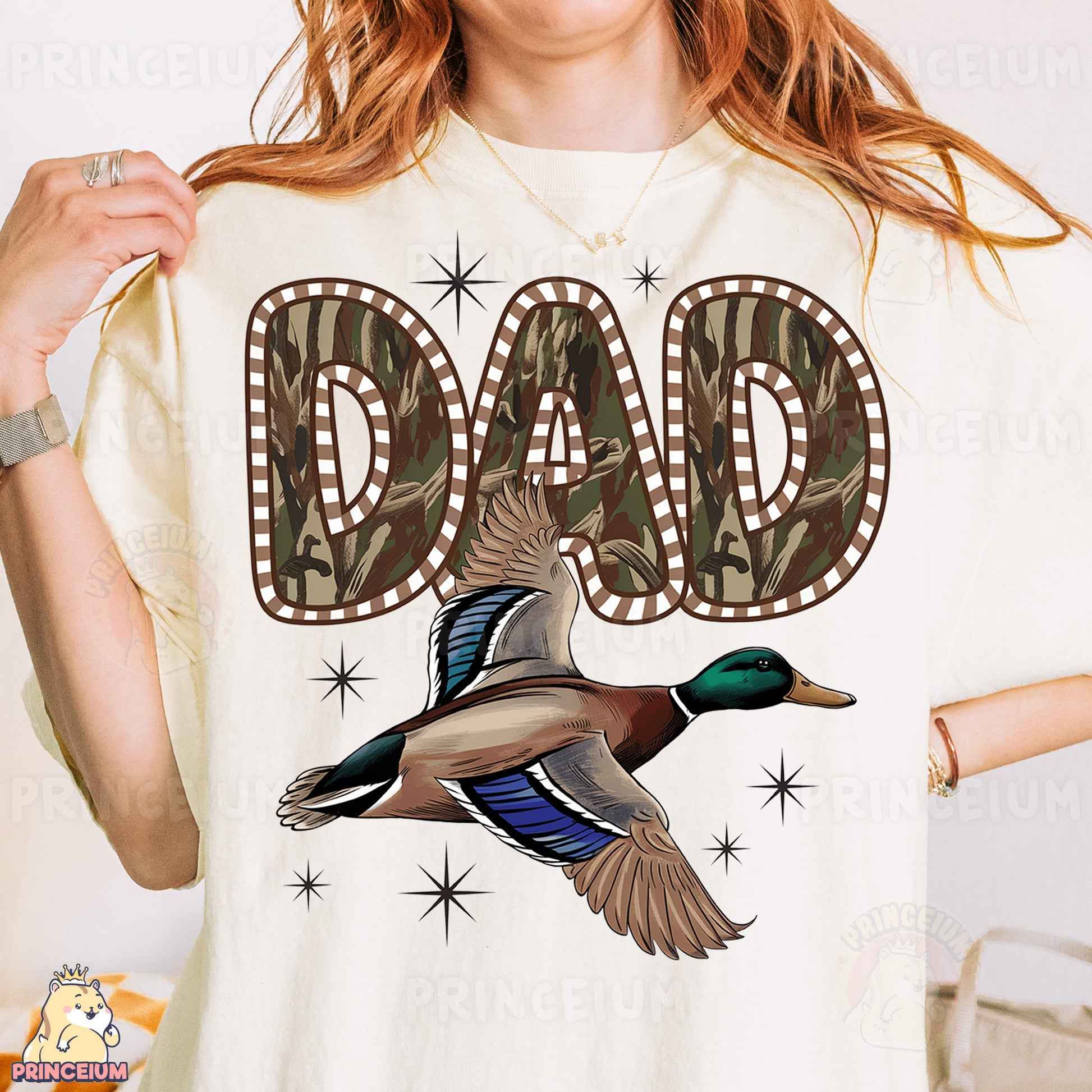 a woman wearing a t - shirt with a duck on it