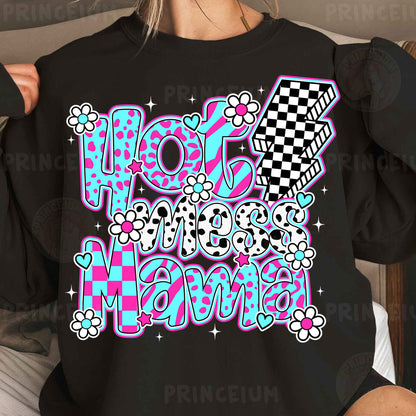 a woman wearing a black shirt with pink and blue designs