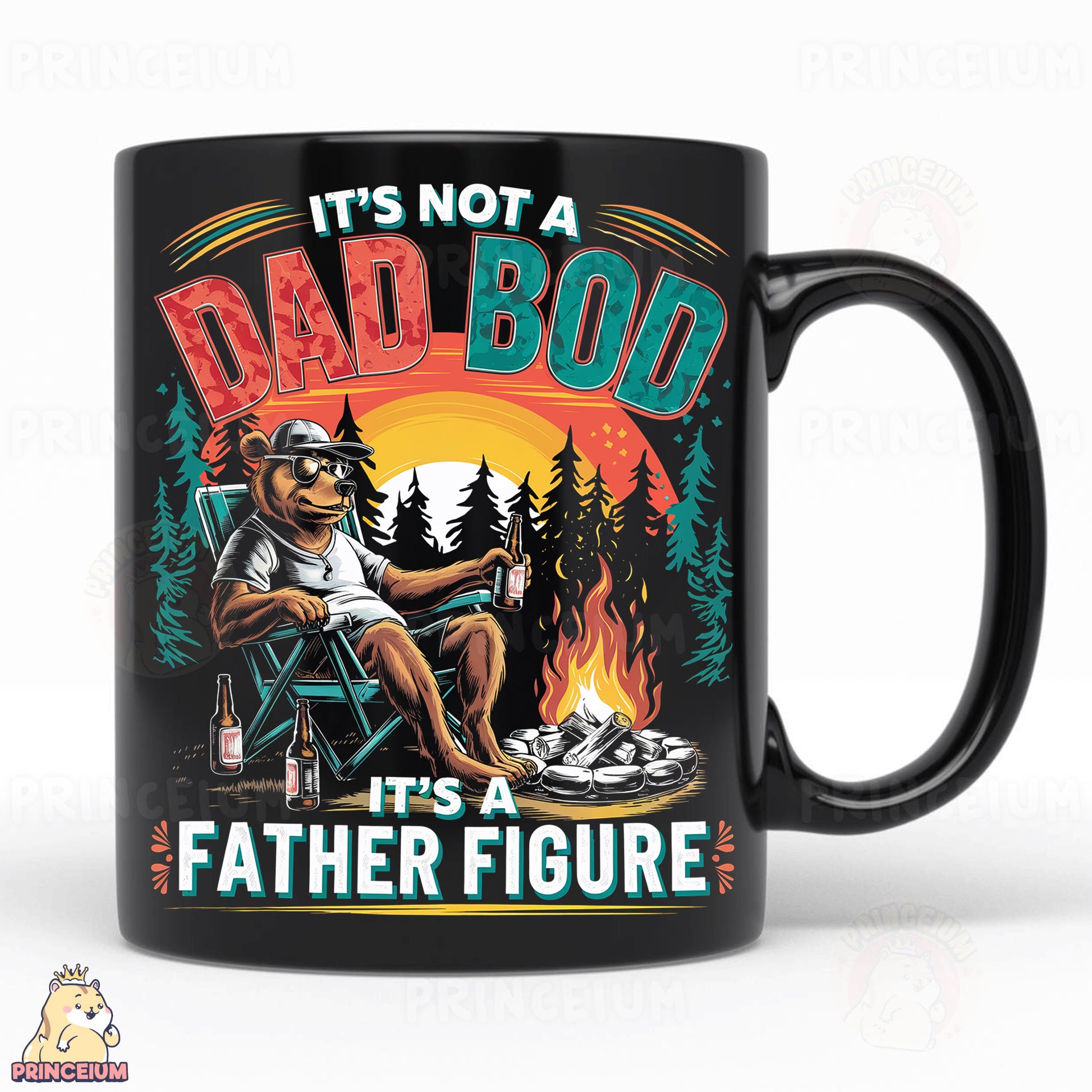 a black coffee mug with a picture of a bear sitting in a chair