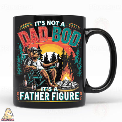 a black coffee mug with a picture of a bear sitting in a chair