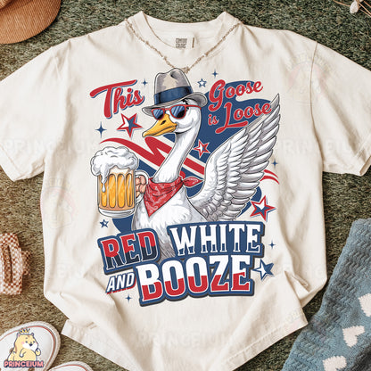 a white t - shirt with a picture of a goose wearing a fedora and