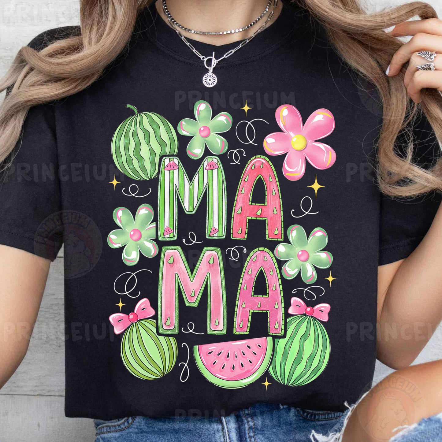 a woman wearing a black t - shirt that says i'm a mama