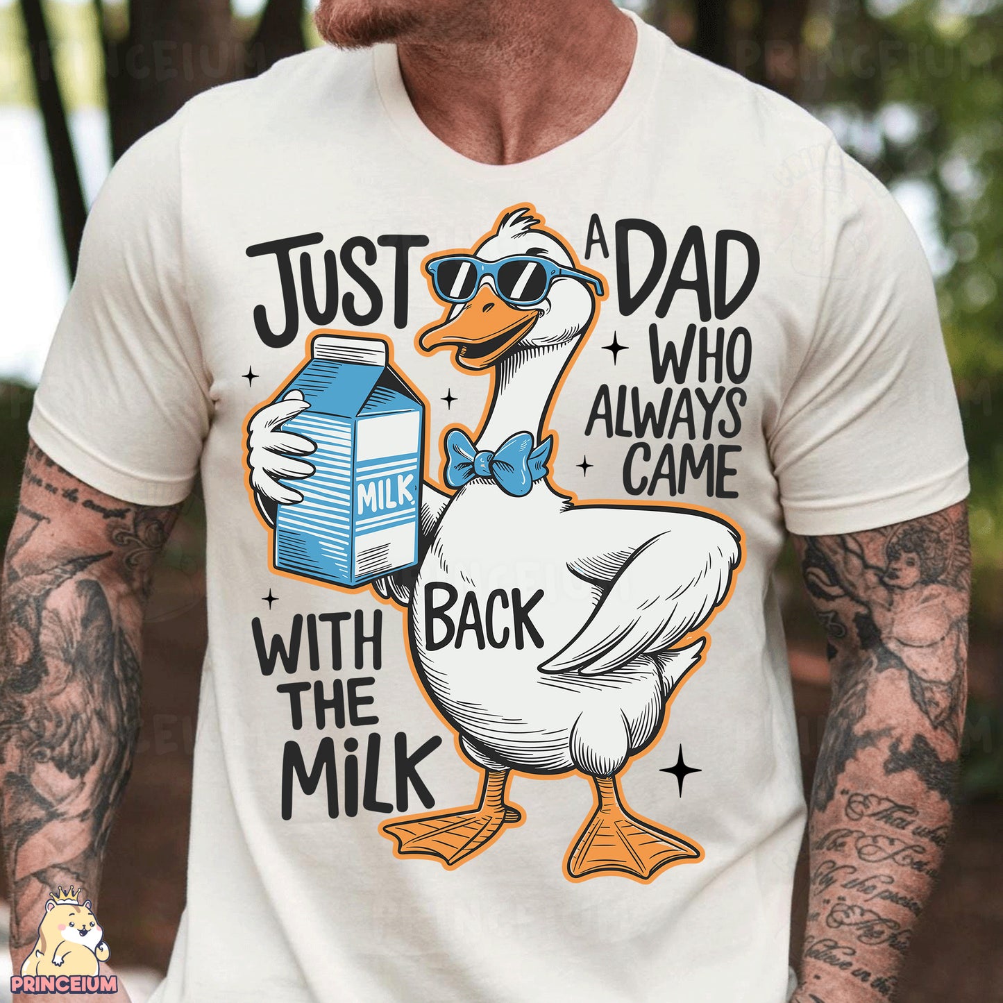 a man wearing a t - shirt with a duck holding a milk carton