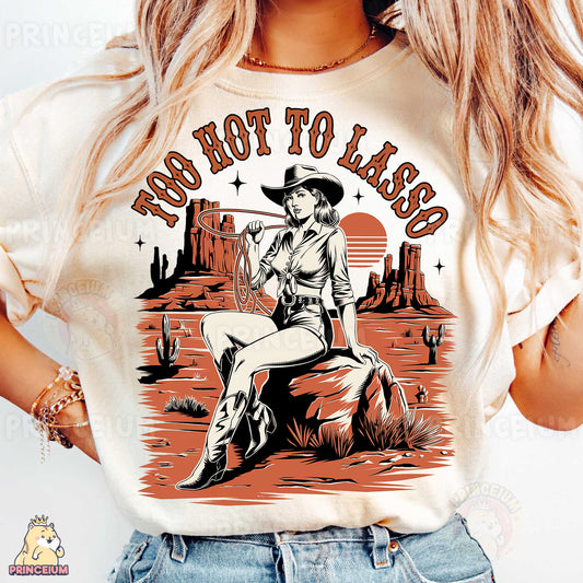 a woman wearing a shirt that says too hot to lasso