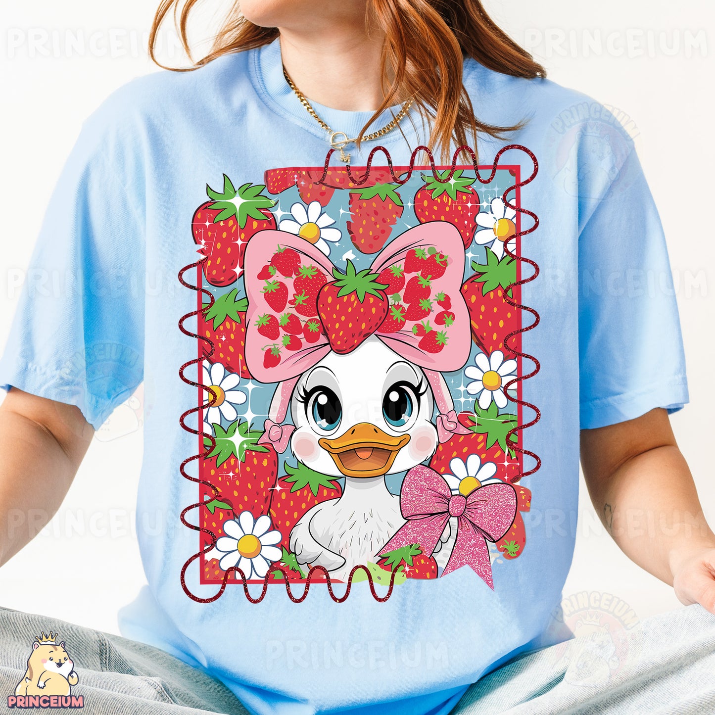 a girl wearing a t - shirt with a picture of a duck wearing a bow
