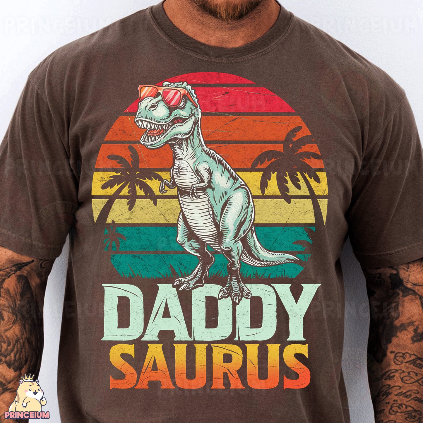 a man wearing a t - shirt with a dinosaur on it