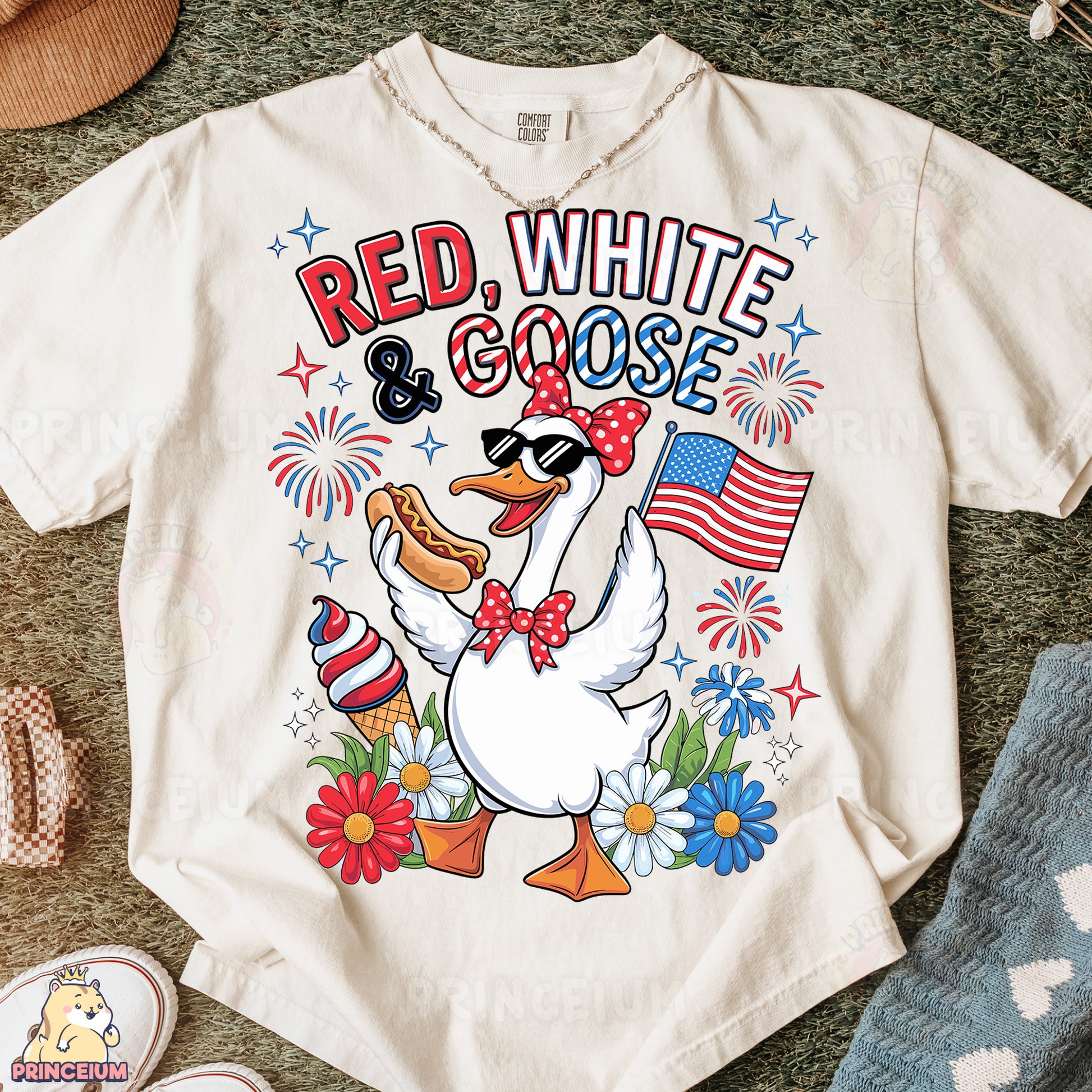 a white t - shirt with a red, white, and blue design on it