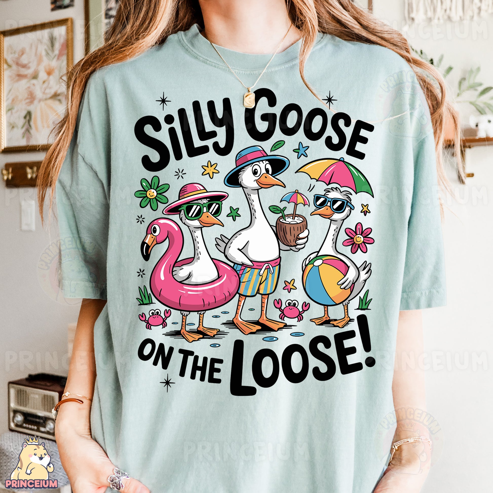 a woman wearing a silly goose on the loose t - shirt