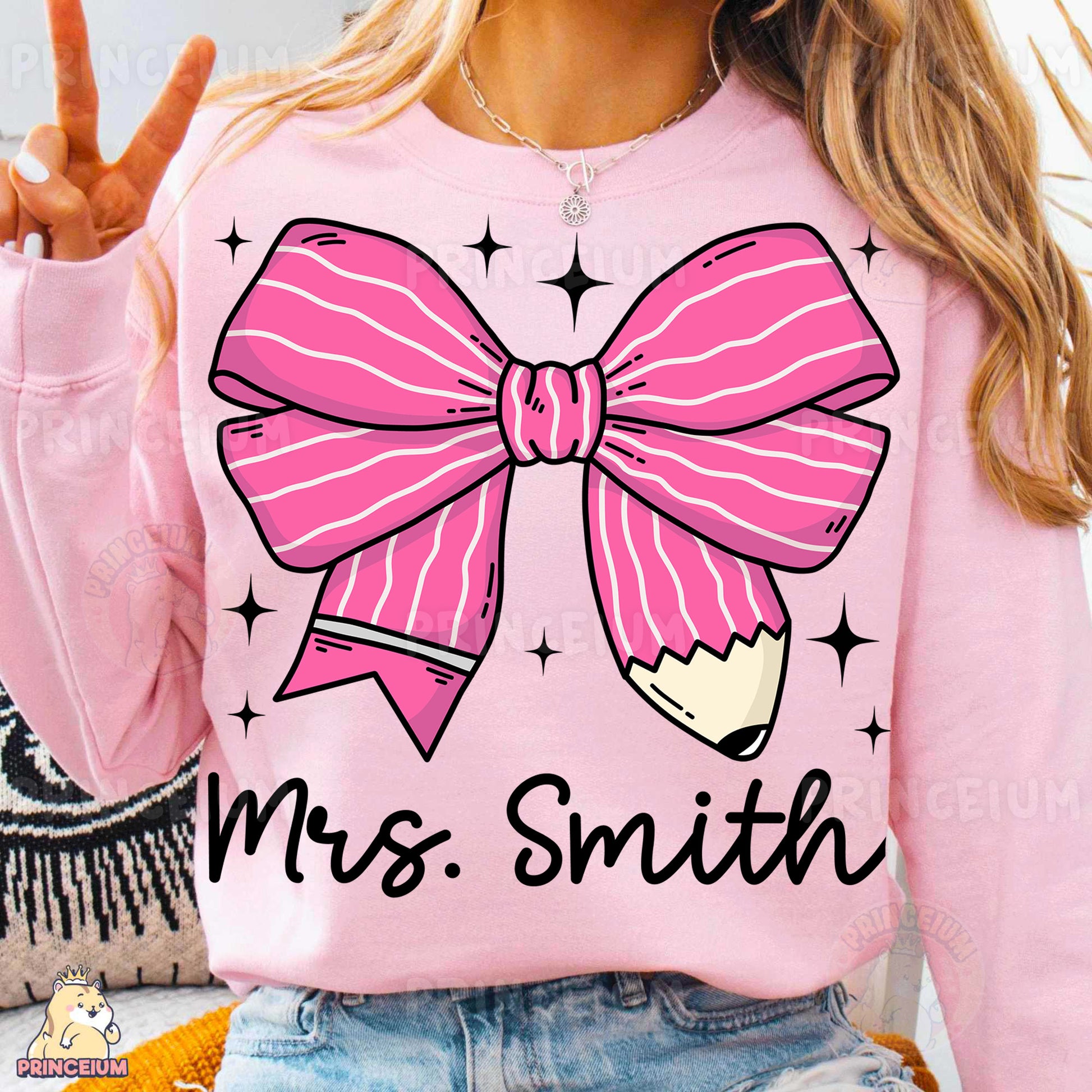 a woman wearing a pink shirt with a pink bow on it