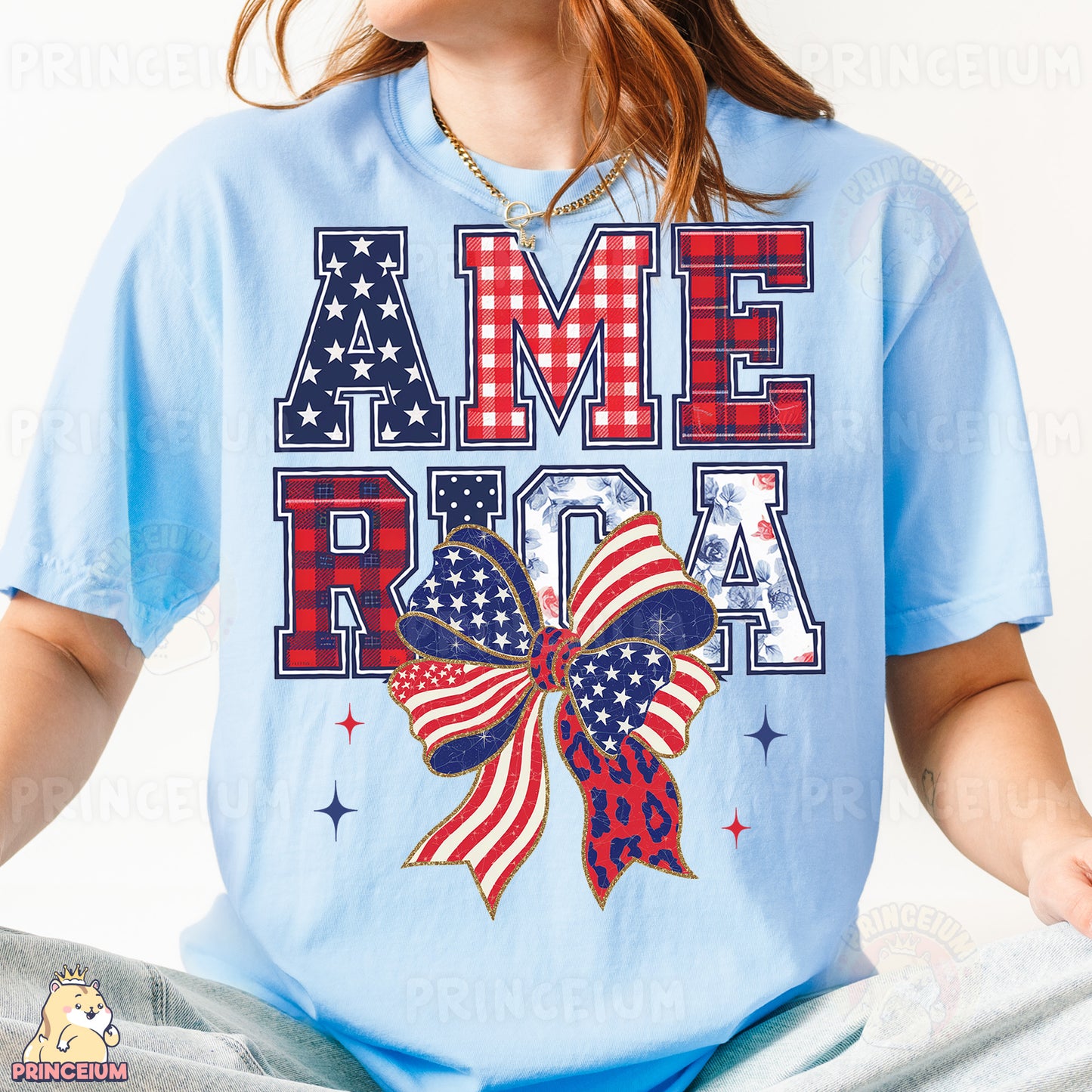 a woman wearing a blue t - shirt with an american flag bow