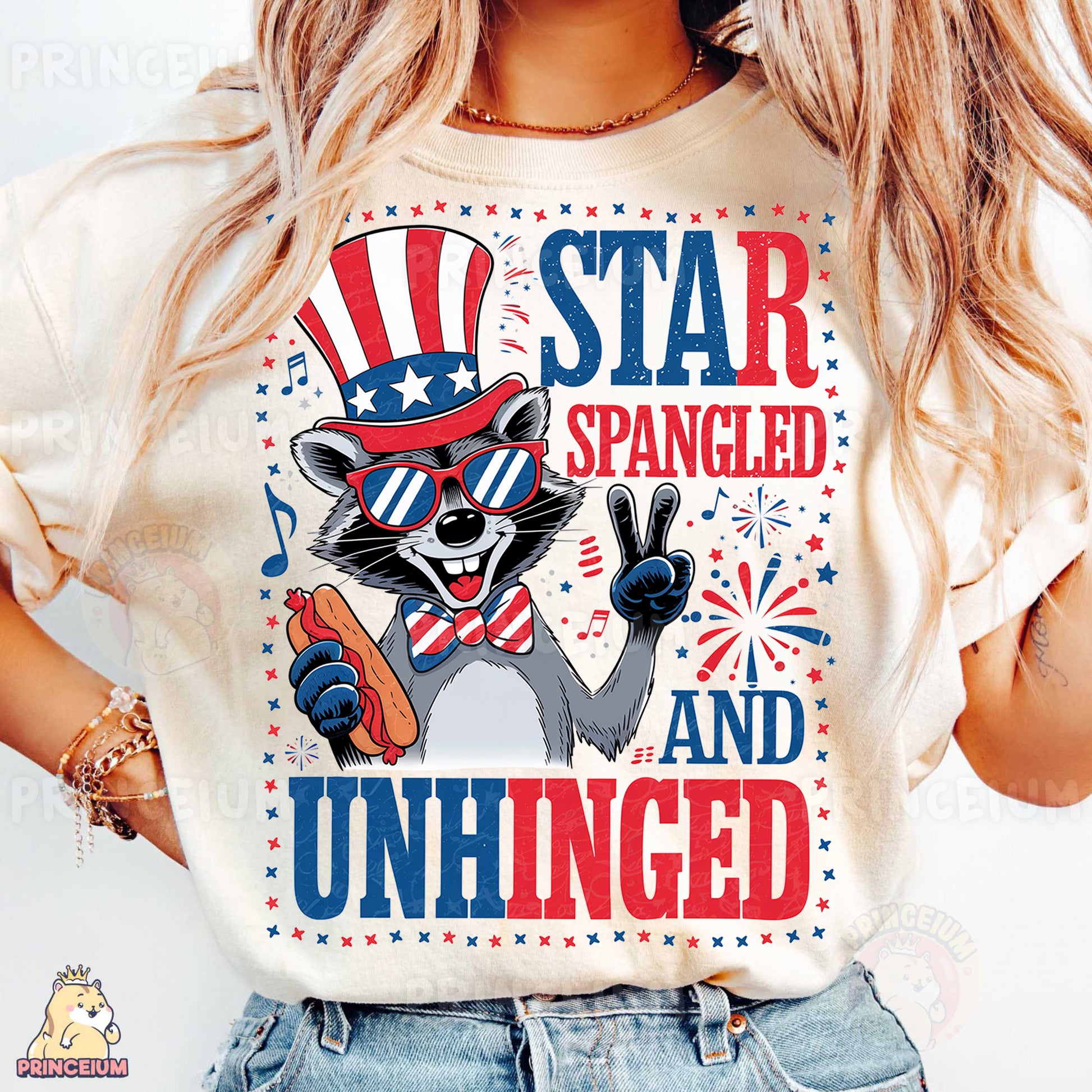 a woman wearing a t - shirt that says star spangled and unhinged