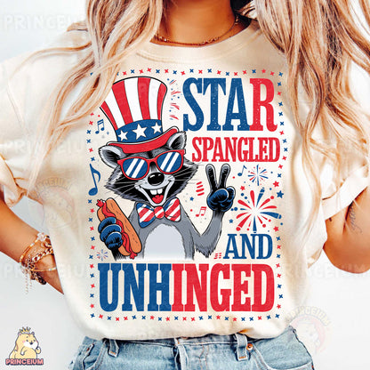 a woman wearing a t - shirt that says star spangled and unhinged