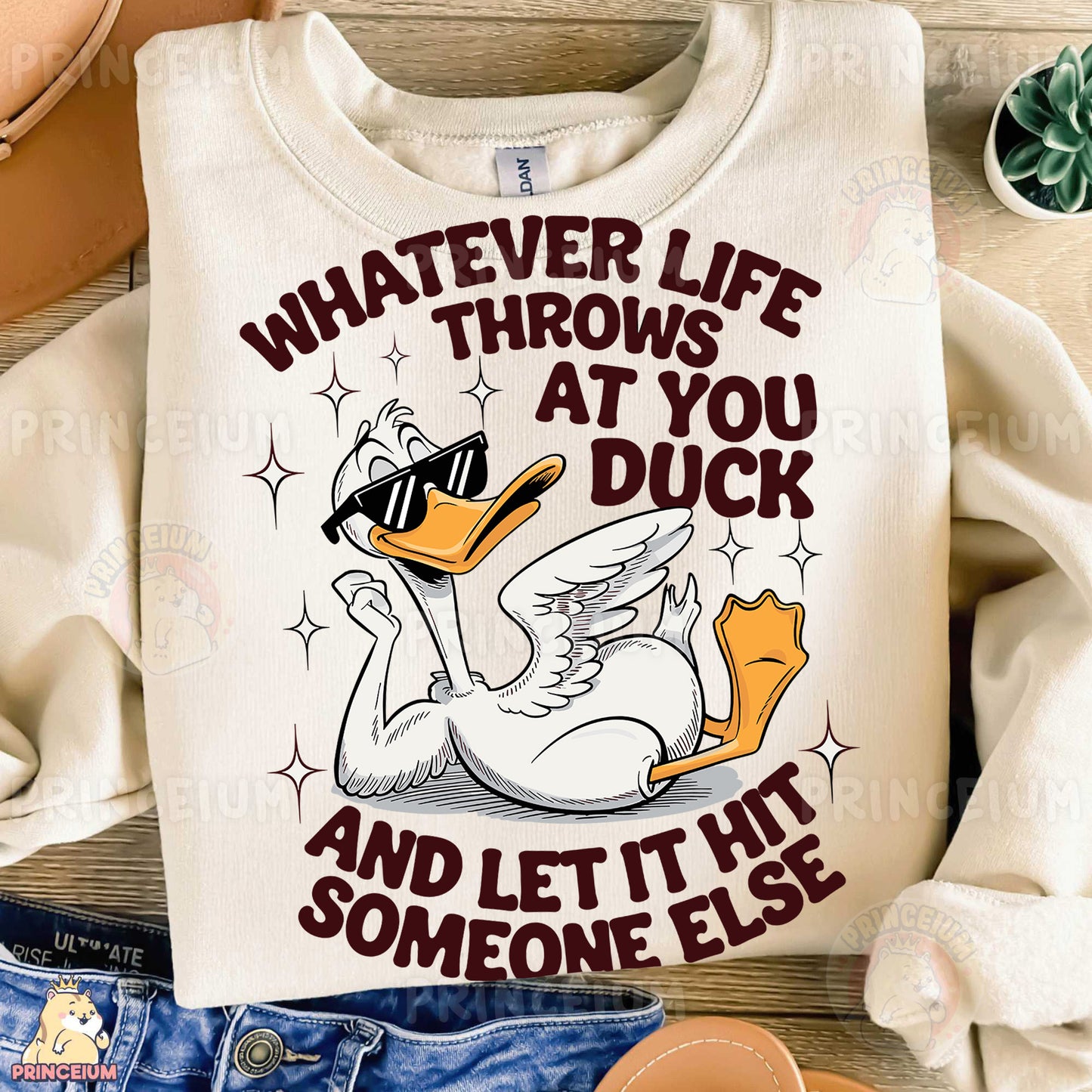 a white shirt with a duck wearing sunglasses