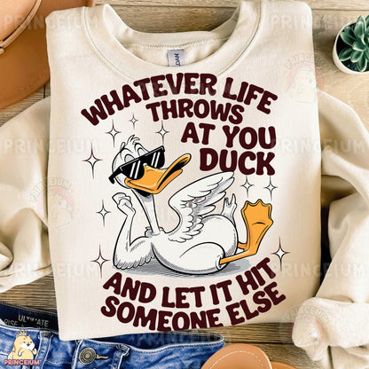 a white shirt with a duck wearing sunglasses