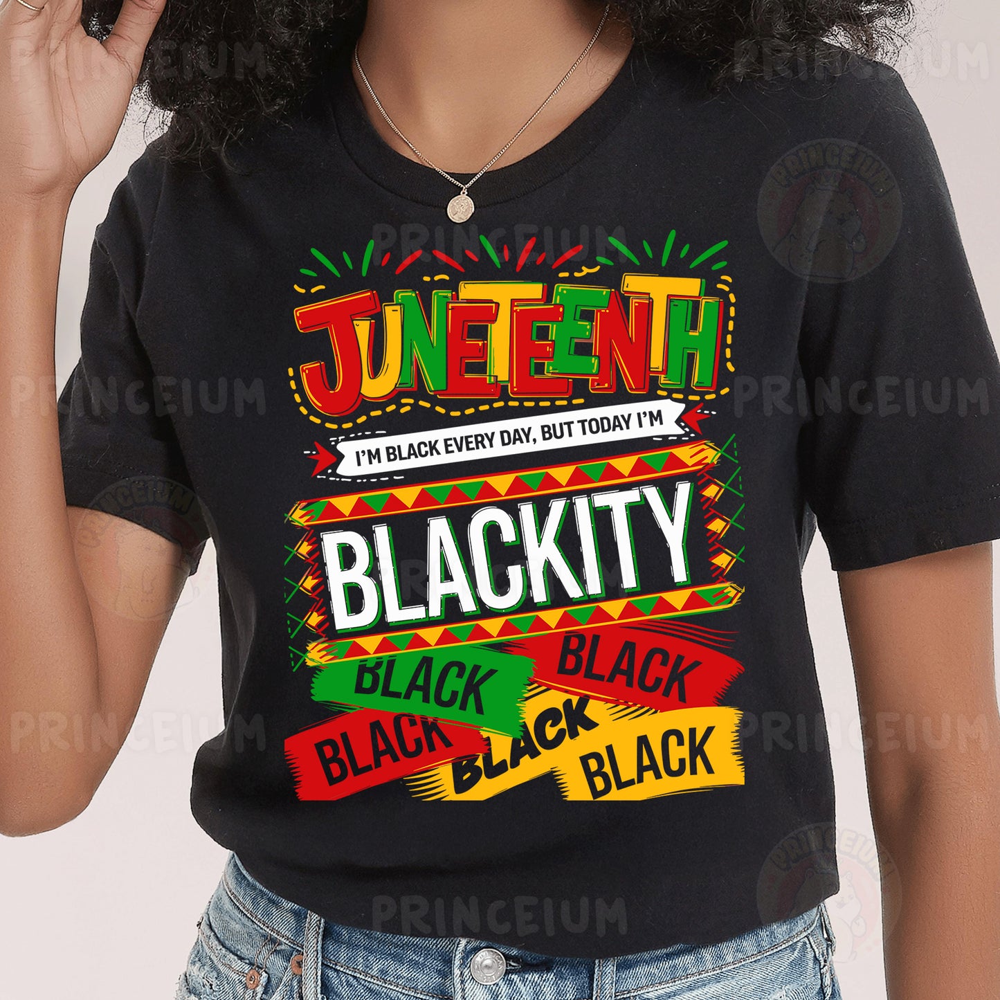 a woman wearing a black t - shirt with the words juteen and black
