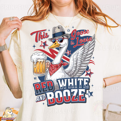 a woman wearing a red white and booze t - shirt
