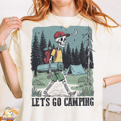 a woman wearing a t - shirt that says let's go camping