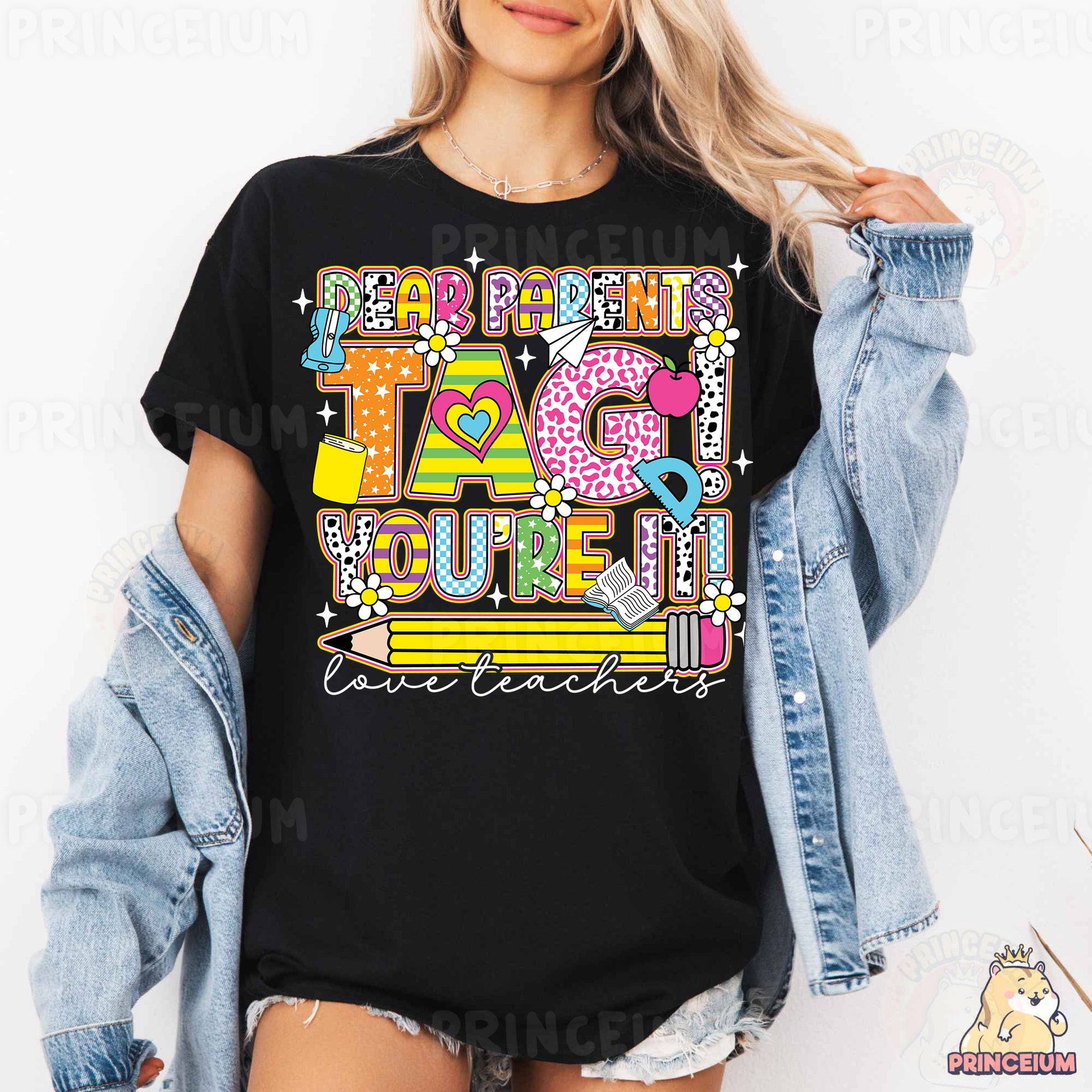 a woman wearing a black t - shirt with the words i love you written on