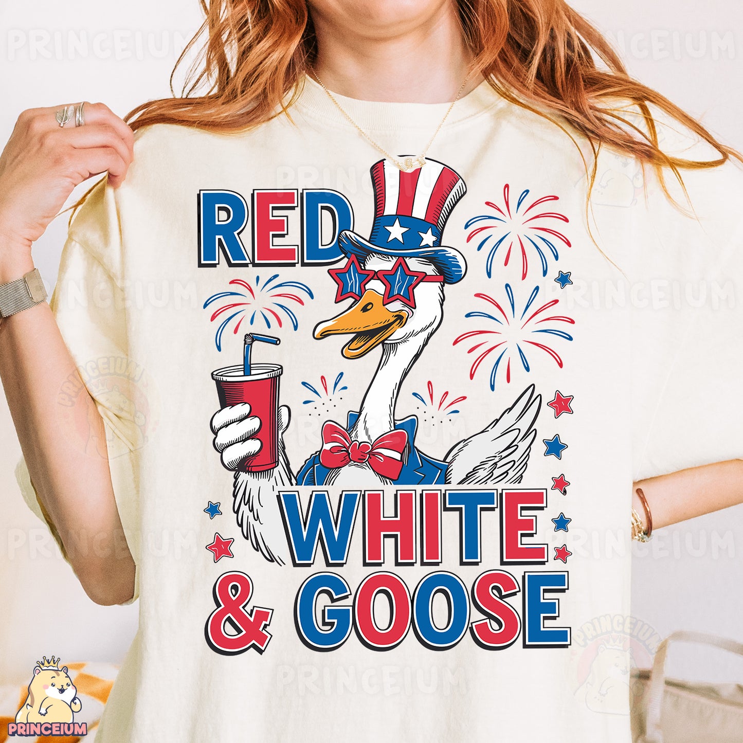 a woman wearing a red, white and goose t - shirt