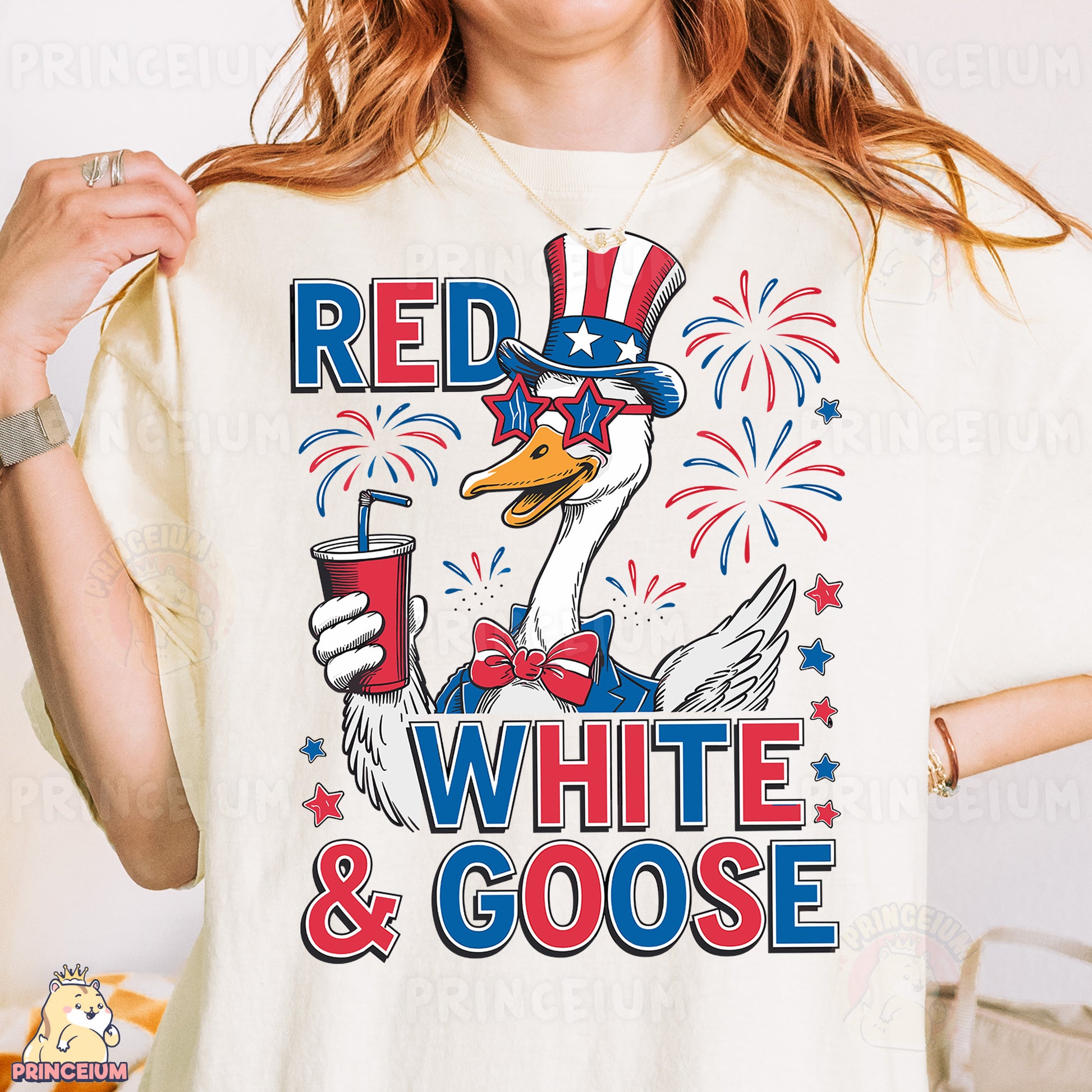 a woman wearing a red, white and goose t - shirt