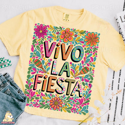 a t - shirt that says vivo la fiesta fiesta surrounded by other items