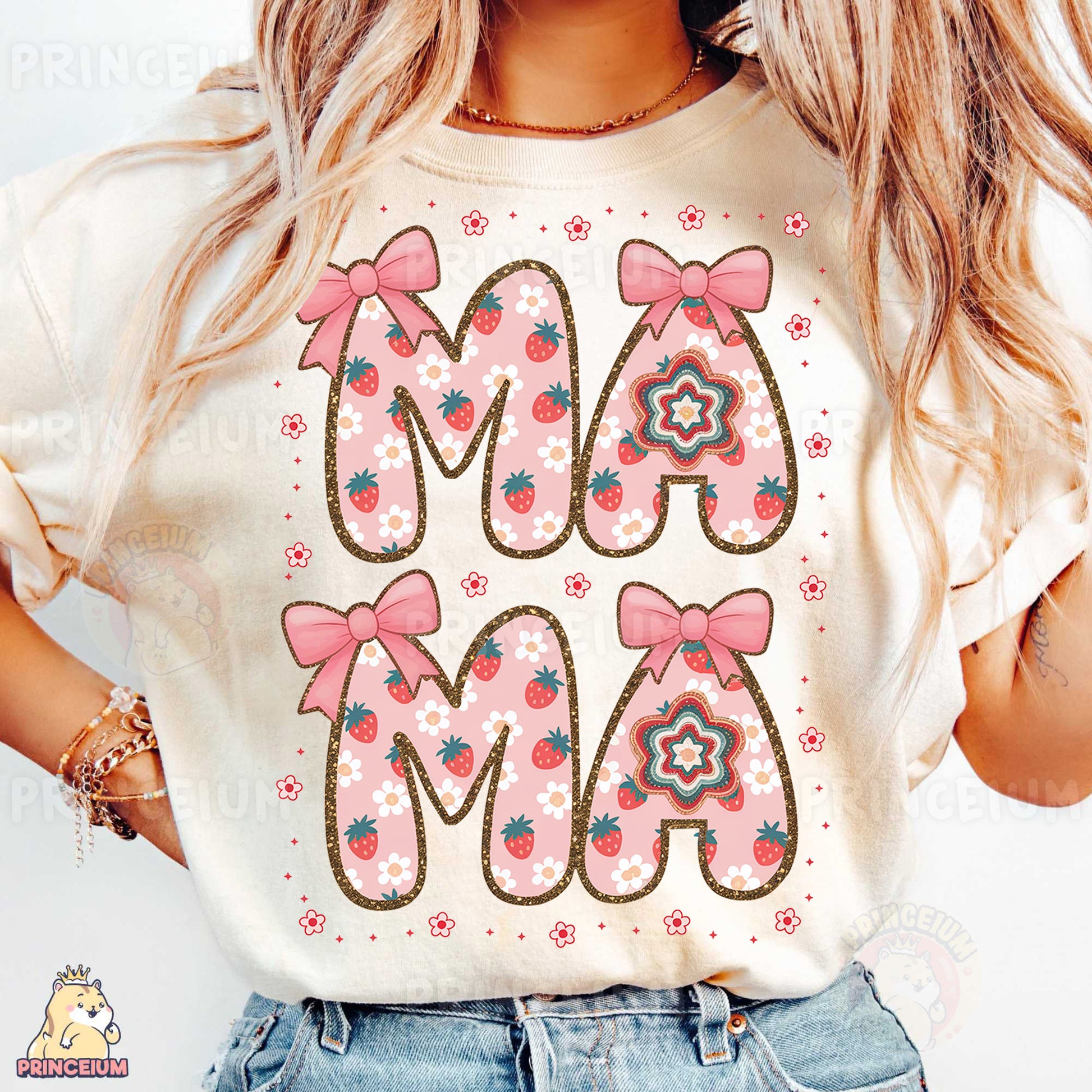 a woman wearing a t - shirt with the word mom on it