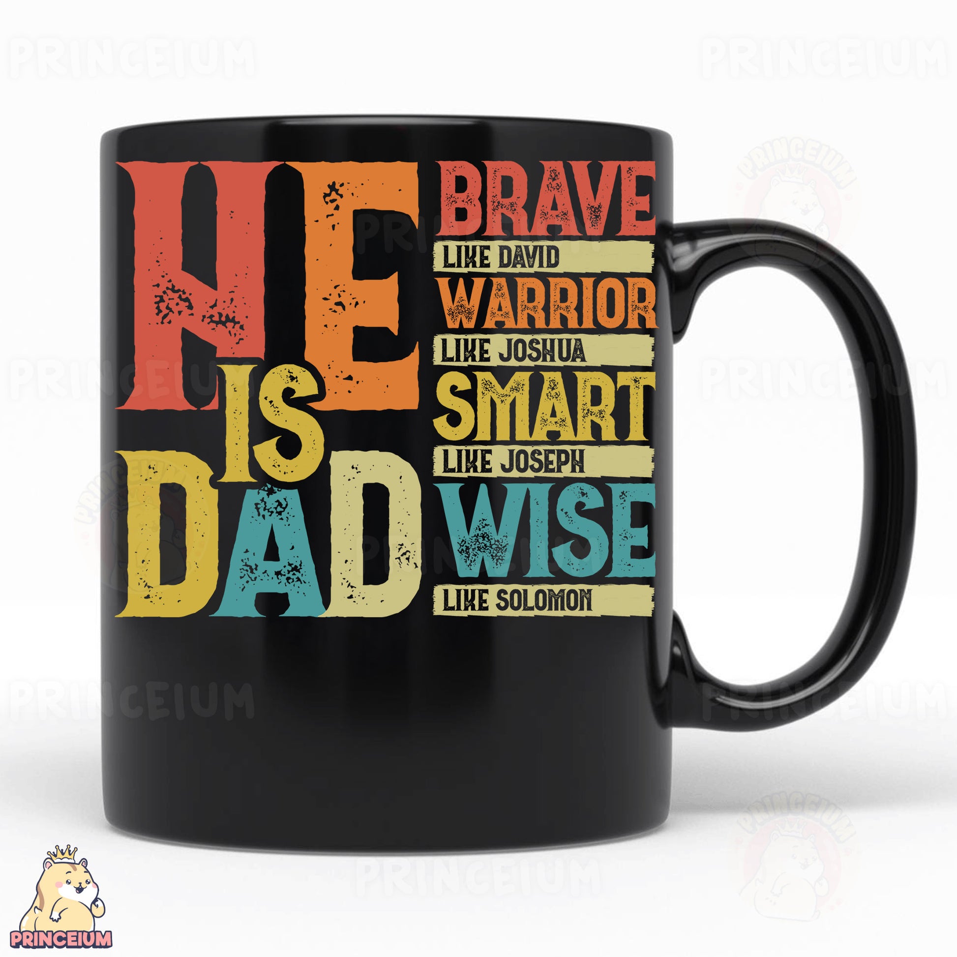 a black coffee mug with the words he is brave