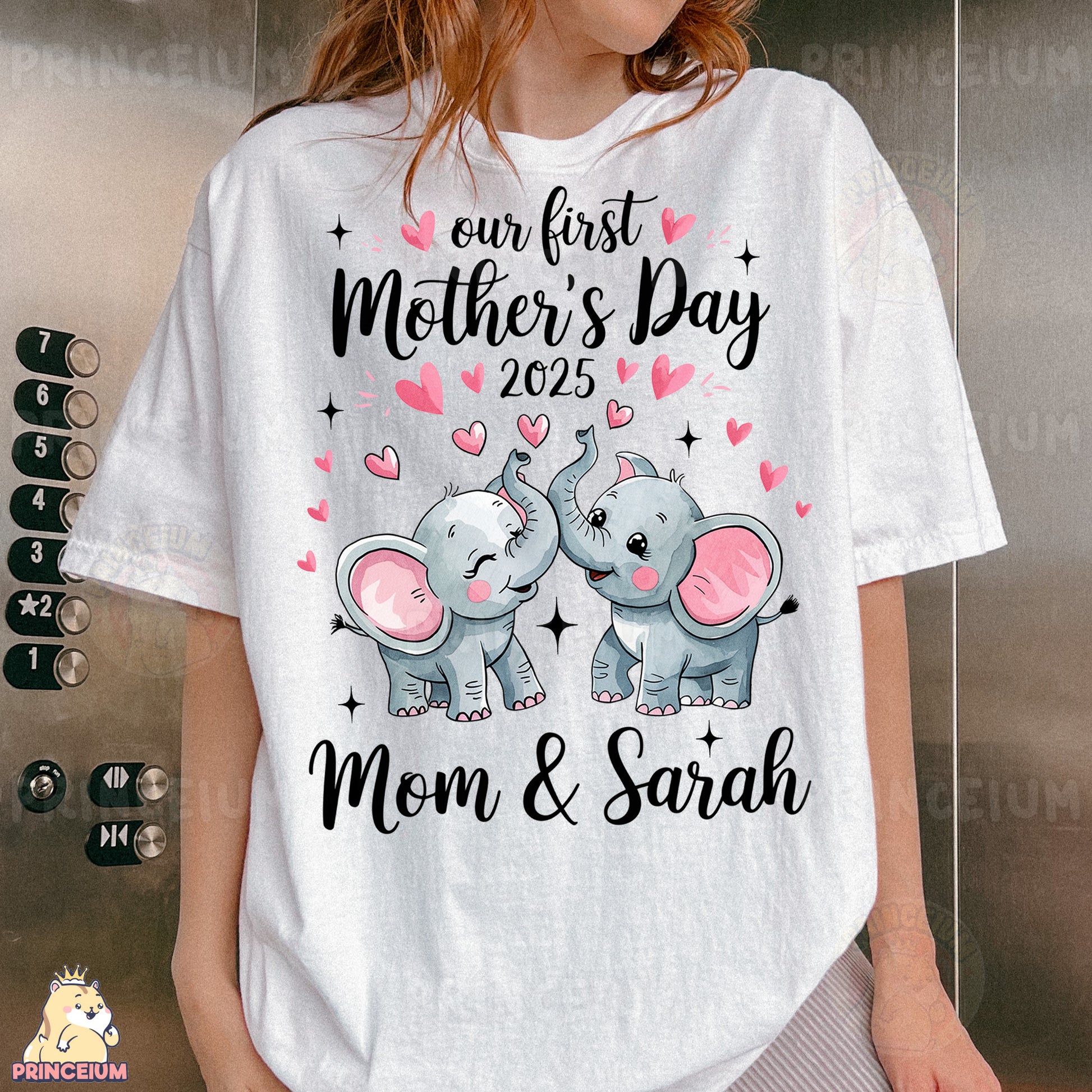 a woman wearing a t - shirt that says our first mother's day 2013