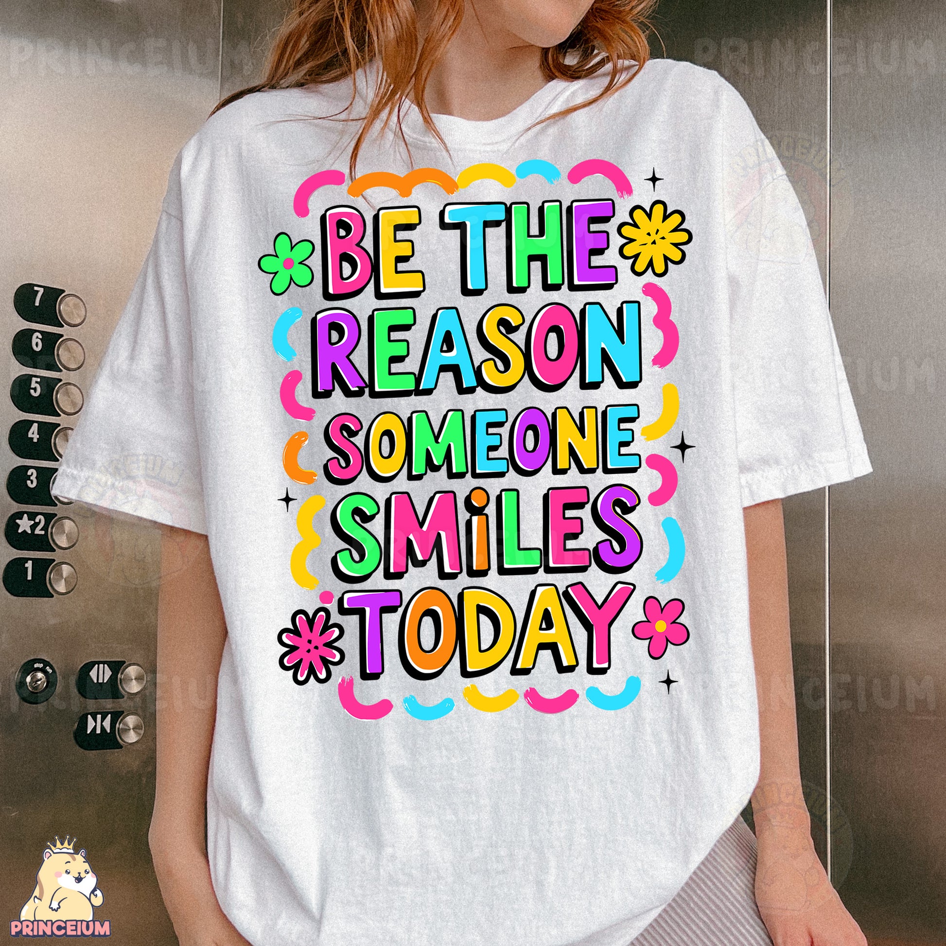a woman wearing a t - shirt that says be the reason someone smiles today