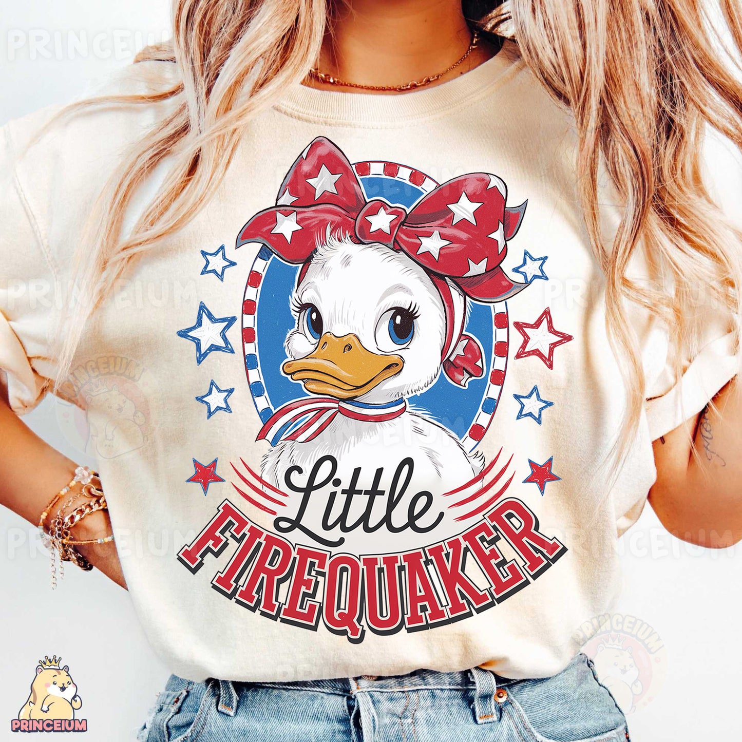 a woman wearing a t - shirt with a duck on it