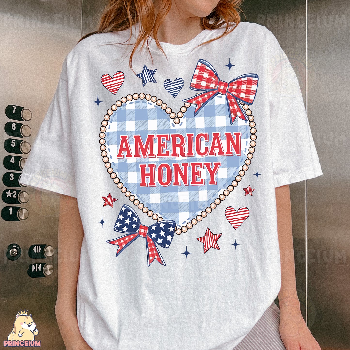 a woman wearing a white american honey t - shirt