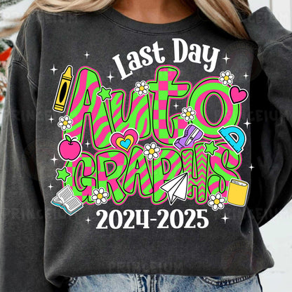 a woman wearing a black sweatshirt with the words'last day'printed on it