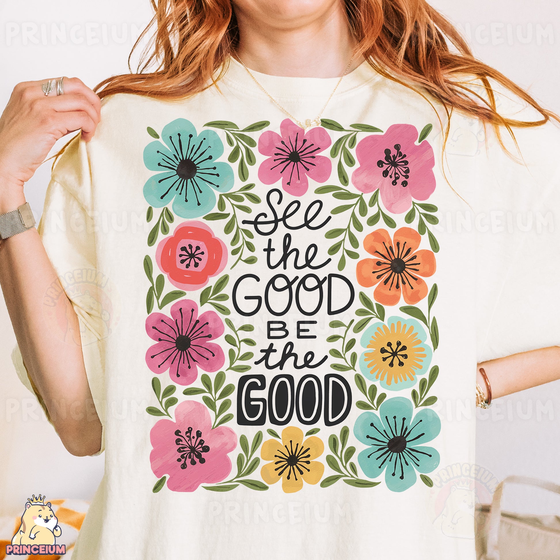a woman wearing a t - shirt that says see the good be the good