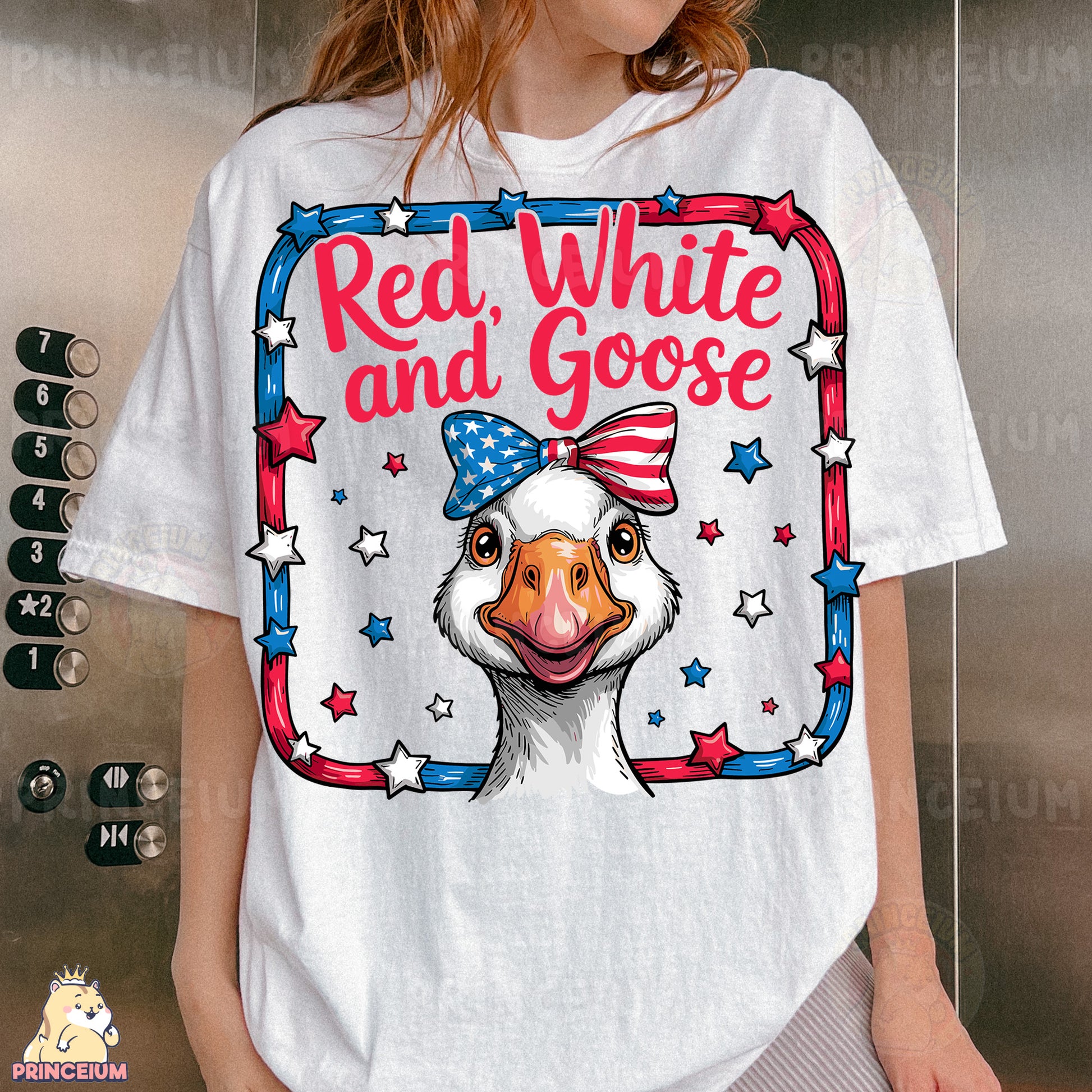 a woman wearing a red, white and goose t - shirt