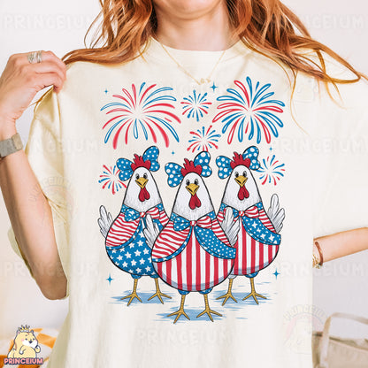 a woman wearing a patriotic t - shirt with three chickens on it